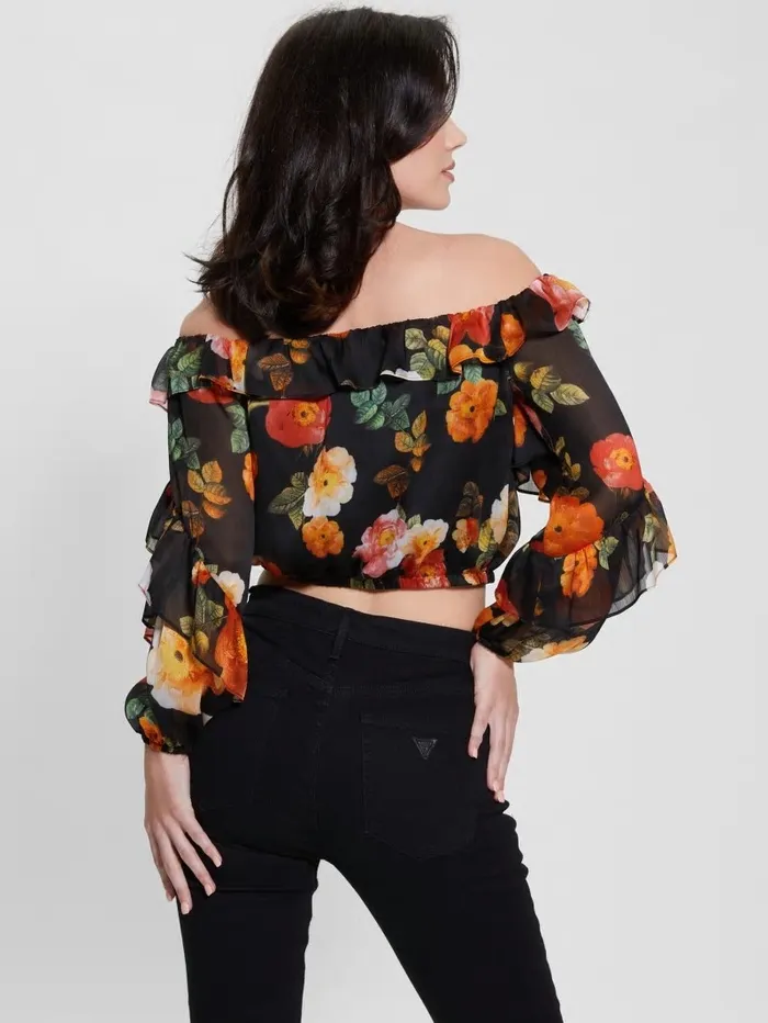 Tops Eco Shani OfftheShoulder Top Peony Charm Print Black GUESS Women Tops Eco Shani OfftheShoulder Top Peony Charm Print Black GUESS Women