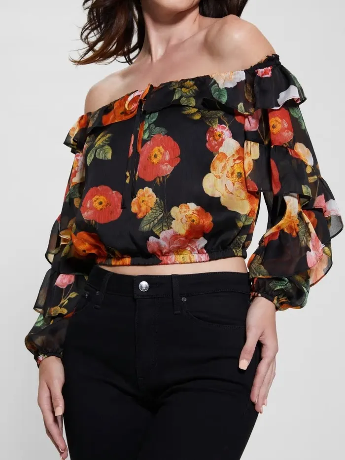 Tops Eco Shani OfftheShoulder Top Peony Charm Print Black GUESS Women Tops Eco Shani OfftheShoulder Top Peony Charm Print Black GUESS Women