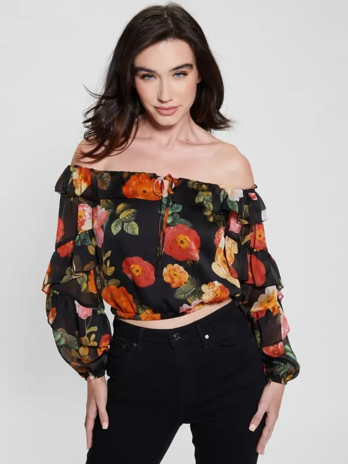 Tops Eco Shani OfftheShoulder Top Peony Charm Print Black GUESS Women Tops Eco Shani OfftheShoulder Top Peony Charm Print Black GUESS Women
