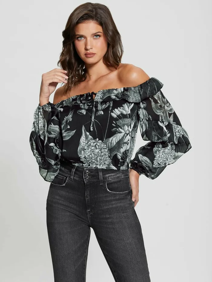 Tops Eco Shani OfftheShoulder Top Phantom Flora Print Black 8211 GUESS Women