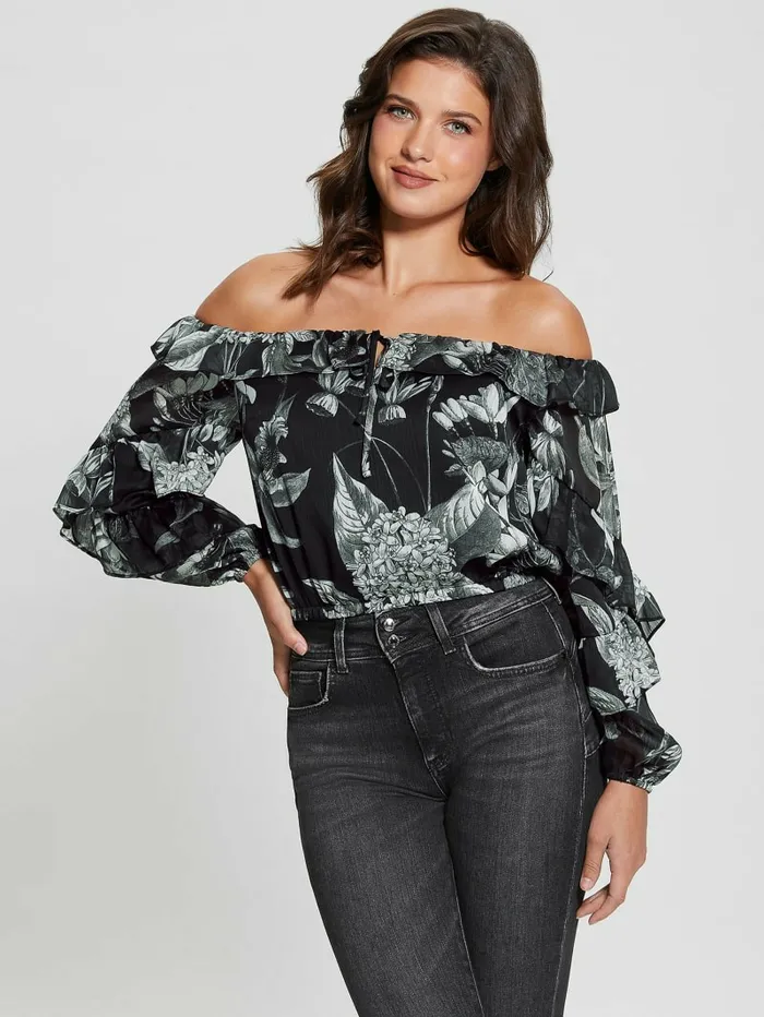 Tops Eco Shani OfftheShoulder Top Phantom Flora Print Black 8211 GUESS Women