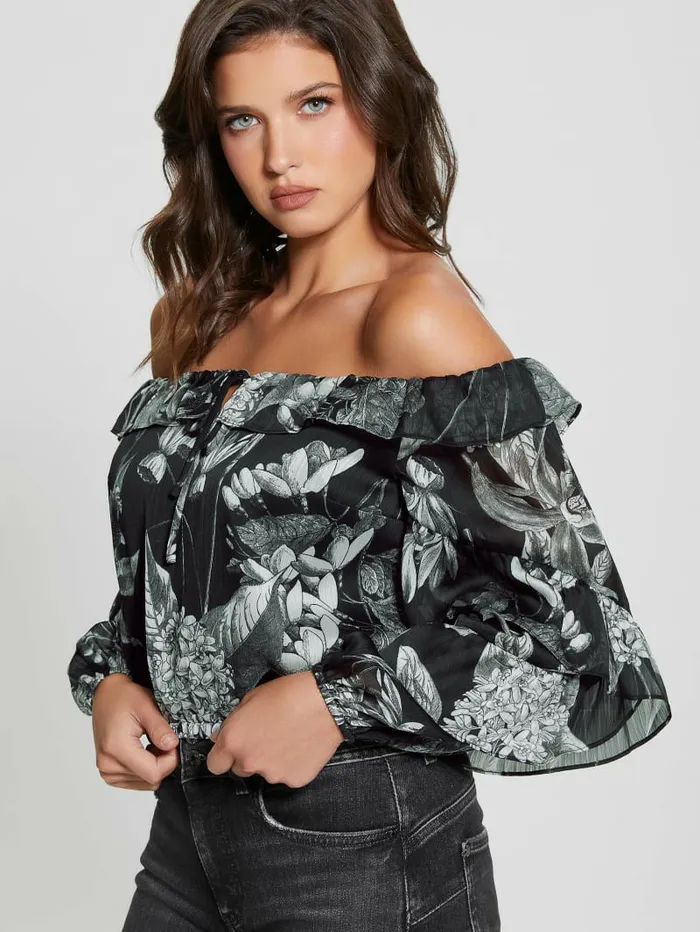 Tops Eco Shani OfftheShoulder Top Phantom Flora Print Black 8211 GUESS Women