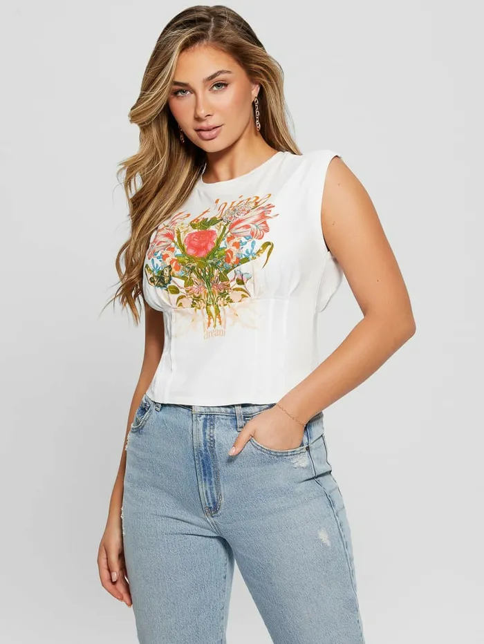 Tops GUESS Women Eco Je T8217aime Corset Tee Pure White