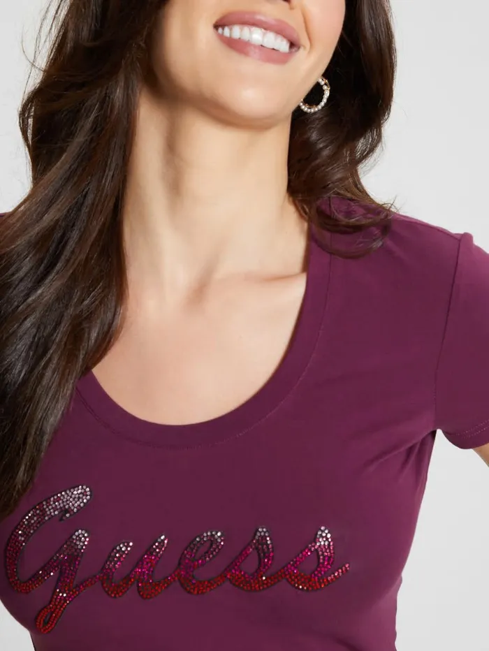 Tops GUESS Women Eco Ombre Rhinestone Monogram Tee Black Cherry Tops GUESS Women Eco Ombre Rhinestone Monogram Tee Black Cherry