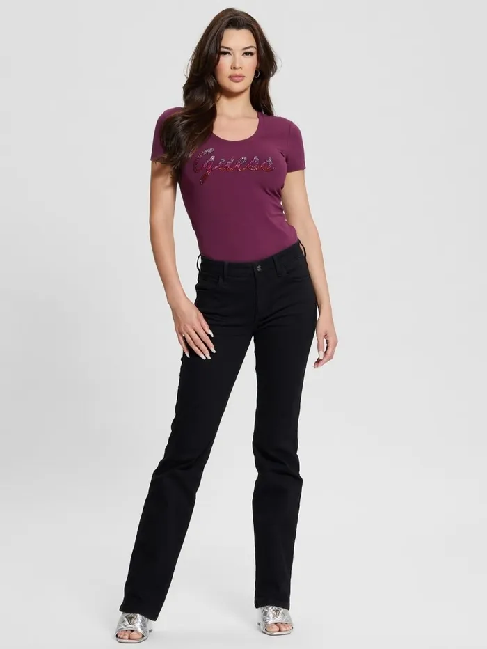 Tops GUESS Women Eco Ombre Rhinestone Monogram Tee Black Cherry Tops GUESS Women Eco Ombre Rhinestone Monogram Tee Black Cherry