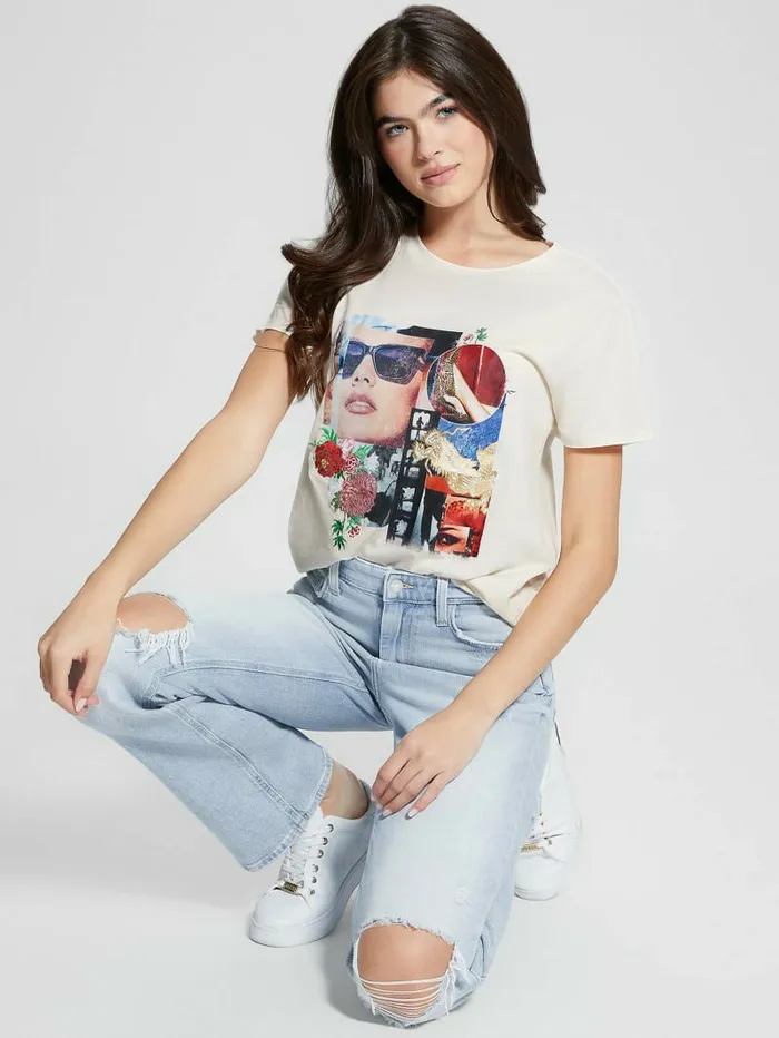 Tops GUESS Women Hollywood Dragon Tee Cream White Tops GUESS Women Hollywood Dragon Tee Cream White