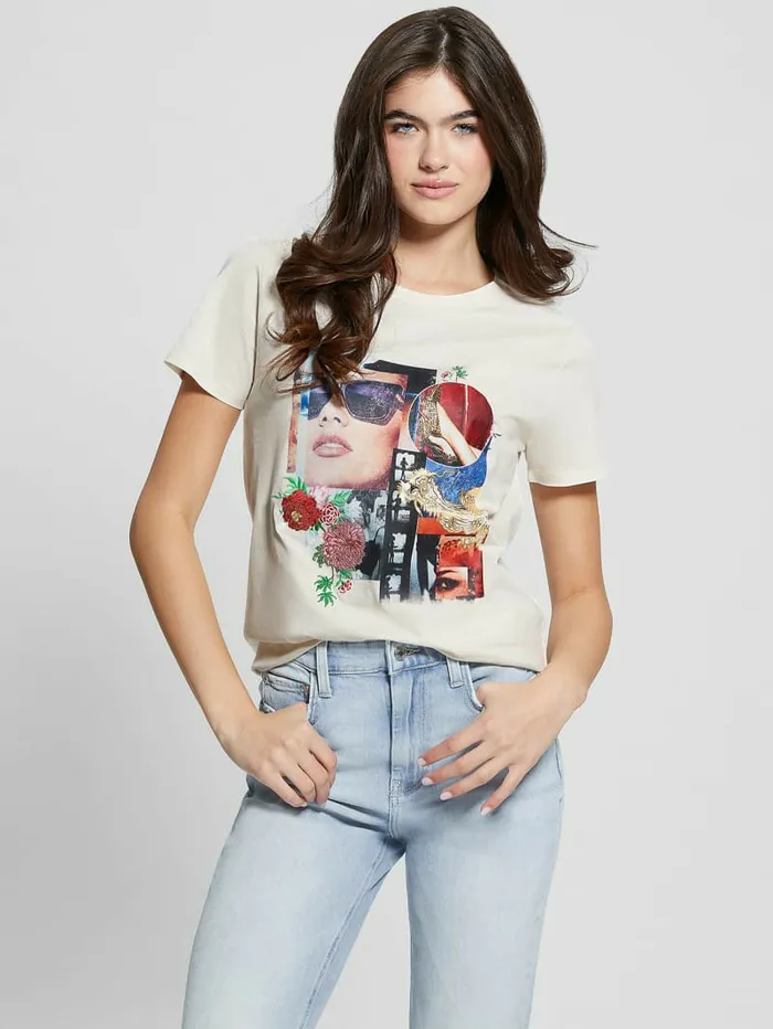Tops GUESS Women Hollywood Dragon Tee Cream White Tops GUESS Women Hollywood Dragon Tee Cream White