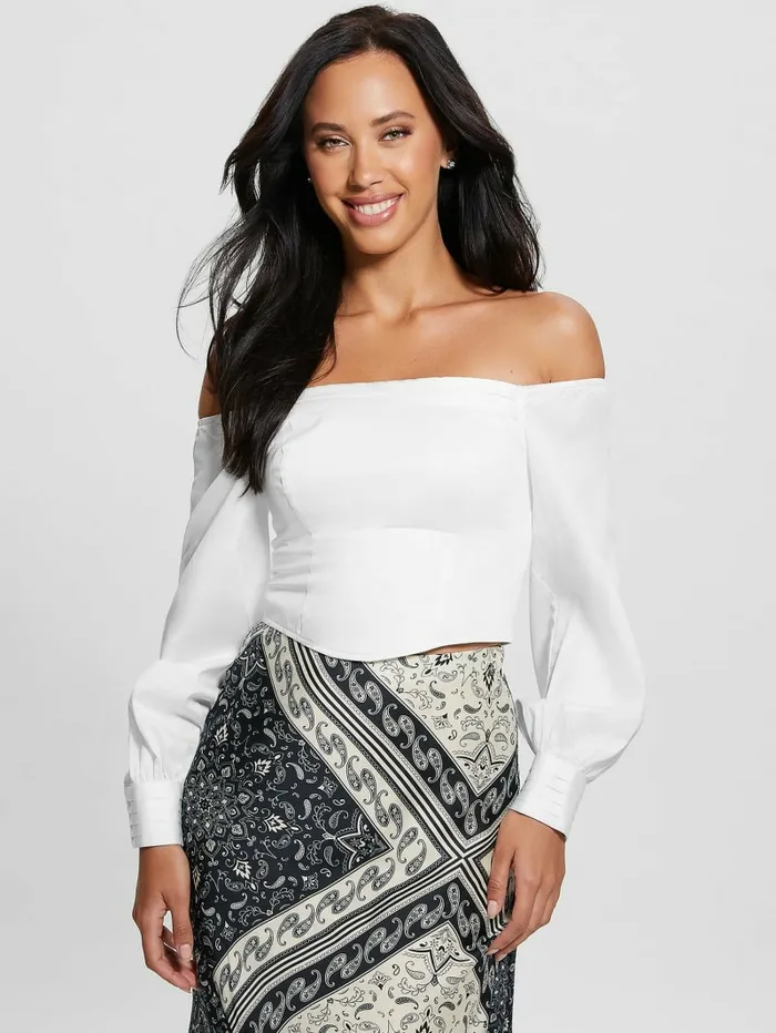 Tops Kristin OfftheShoulder Corset Top Pure White GUESS Women Tops Kristin OfftheShoulder Corset Top Pure White GUESS Women
