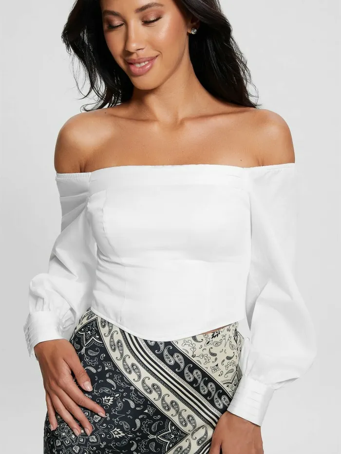 Tops Kristin OfftheShoulder Corset Top Pure White GUESS Women Tops Kristin OfftheShoulder Corset Top Pure White GUESS Women