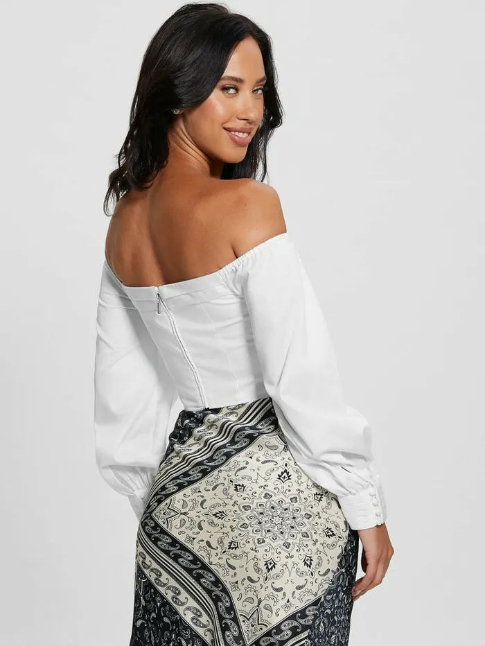Tops Kristin OfftheShoulder Corset Top Pure White GUESS Women Tops Kristin OfftheShoulder Corset Top Pure White GUESS Women