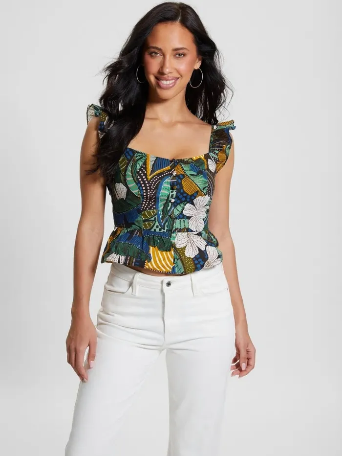 Tops Women GUESS Eco Carine Peplum Top Tropical Traveler