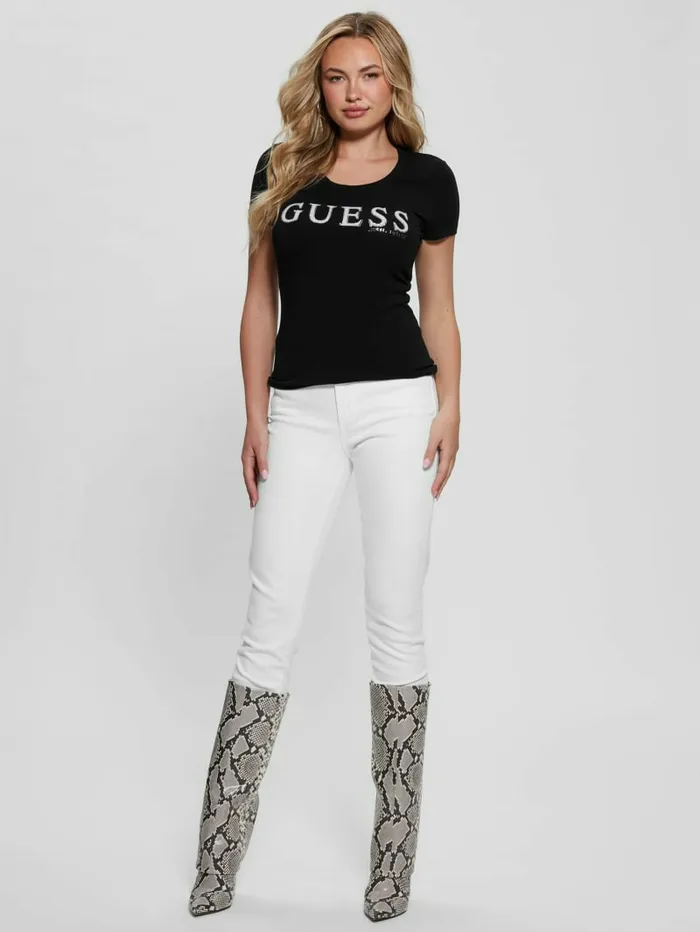 Tops Women GUESS Eco Rhinestone Logo Tee Black Tops Women GUESS Eco Rhinestone Logo Tee Black