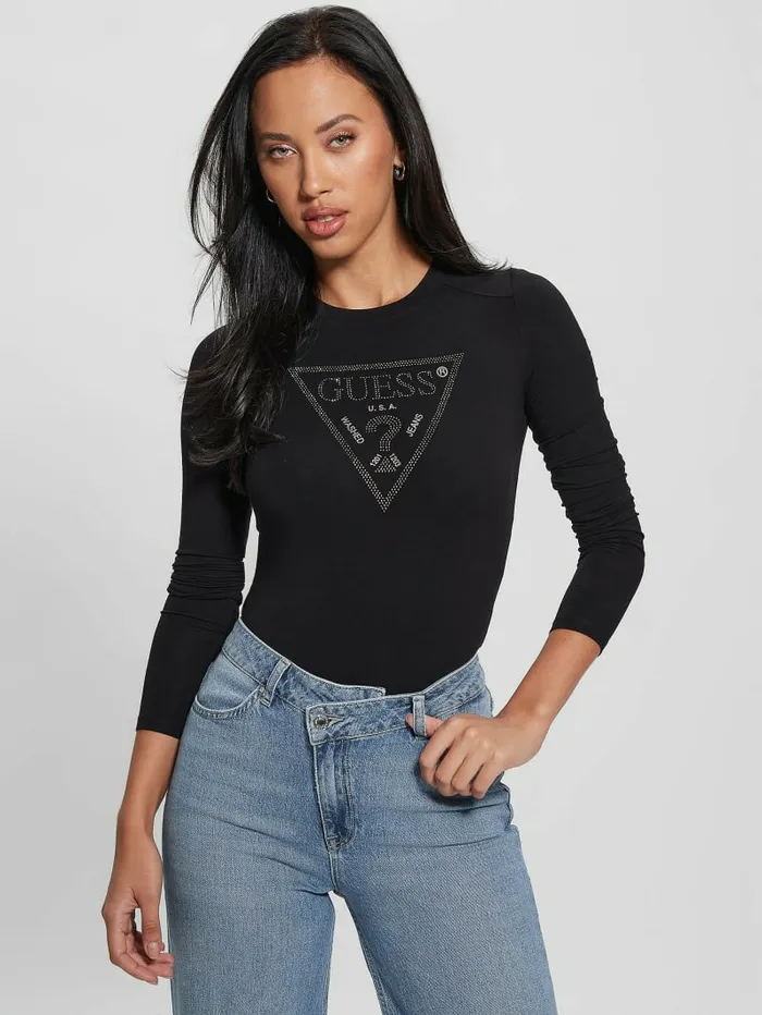 Tops Women GUESS Eco Rhinestone Triangle LongSleeve Bodysuit Black