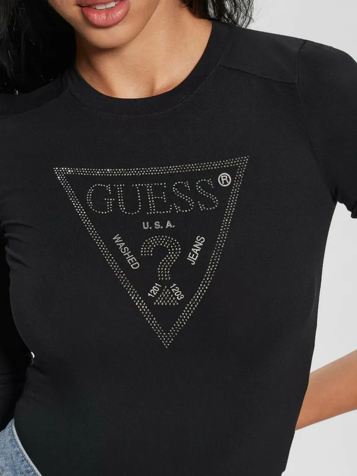 Tops Women GUESS Eco Rhinestone Triangle LongSleeve Bodysuit Black