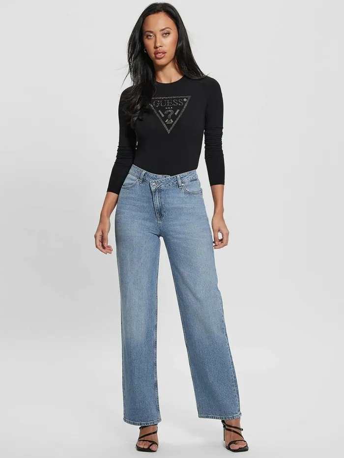 Tops Women GUESS Eco Rhinestone Triangle LongSleeve Bodysuit Black