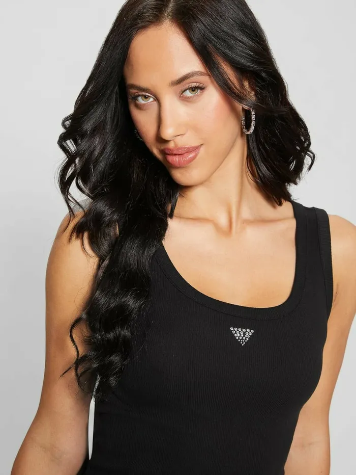 Tops Women GUESS Eco Triangle Bling Ribbed Tank Black