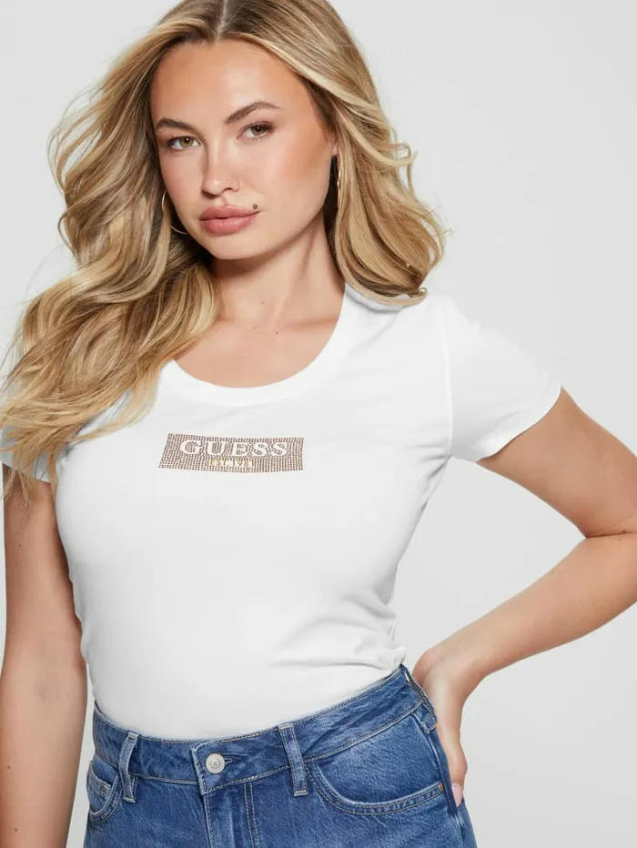 Tops Women GUESS Studded Box Tee Pure White