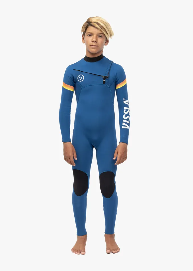Vissla 7 Seas Boys Raditude 43 Full Chest Zip Wetsuit Harbor Blue Youth Wetsuits