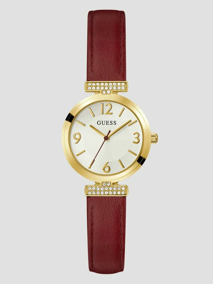 Watches GUESS Women GoldTone and Red Leather Analog Watch Burgundy