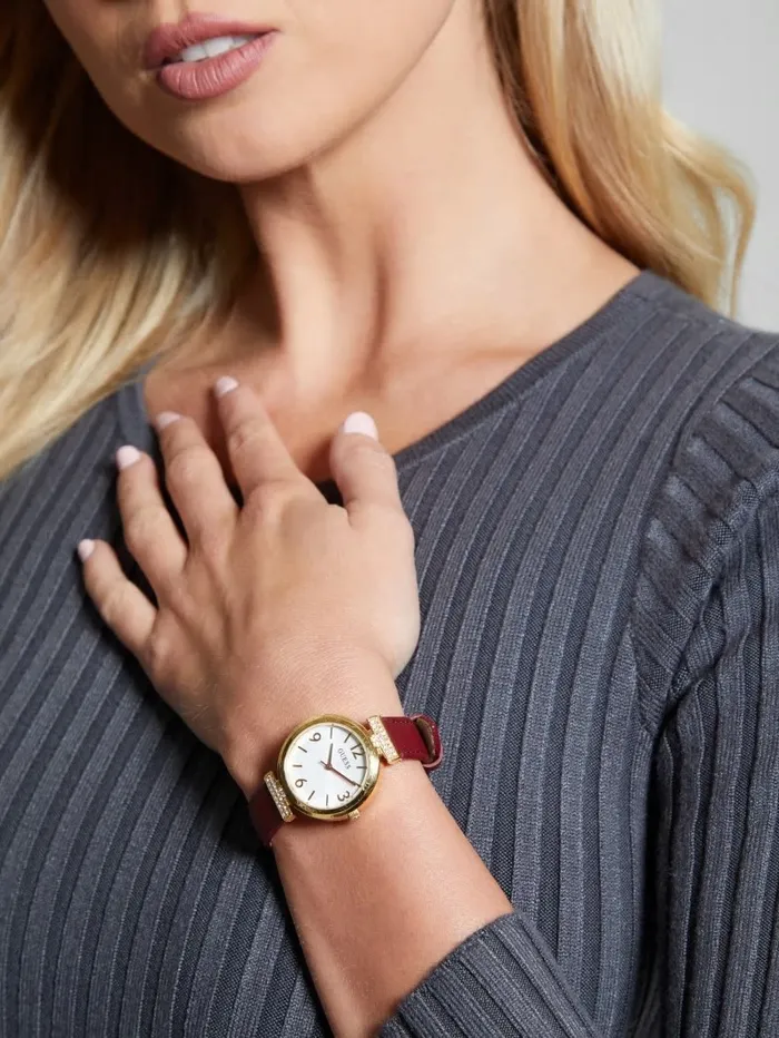 Watches GUESS Women GoldTone and Red Leather Analog Watch Burgundy Watches GUESS Women GoldTone and Red Leather Analog Watch Burgundy