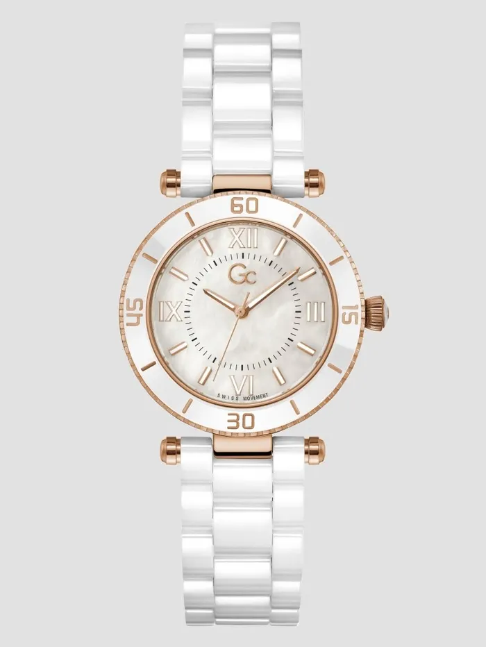 Watches Women GUESS Gc MotherofPearl and Ceramic Analog Watch Rose Gold