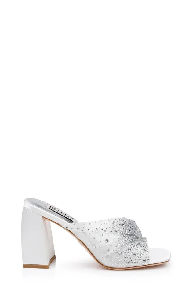 Women Block Heels Badgley Mischka Camelia CrystalEmbellished PeepToe Mules With Block Heel Nude