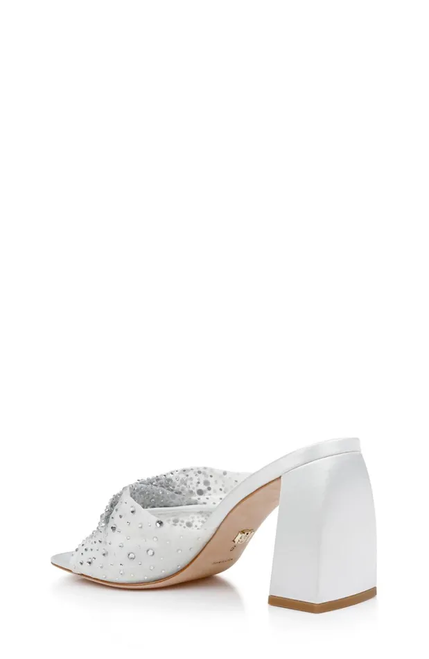 Women Block Heels Badgley Mischka Camelia CrystalEmbellished PeepToe Mules With Block Heel Nude