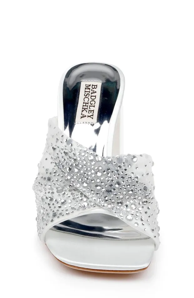 Women Block Heels Badgley Mischka Camelia CrystalEmbellished PeepToe Mules With Block Heel Nude