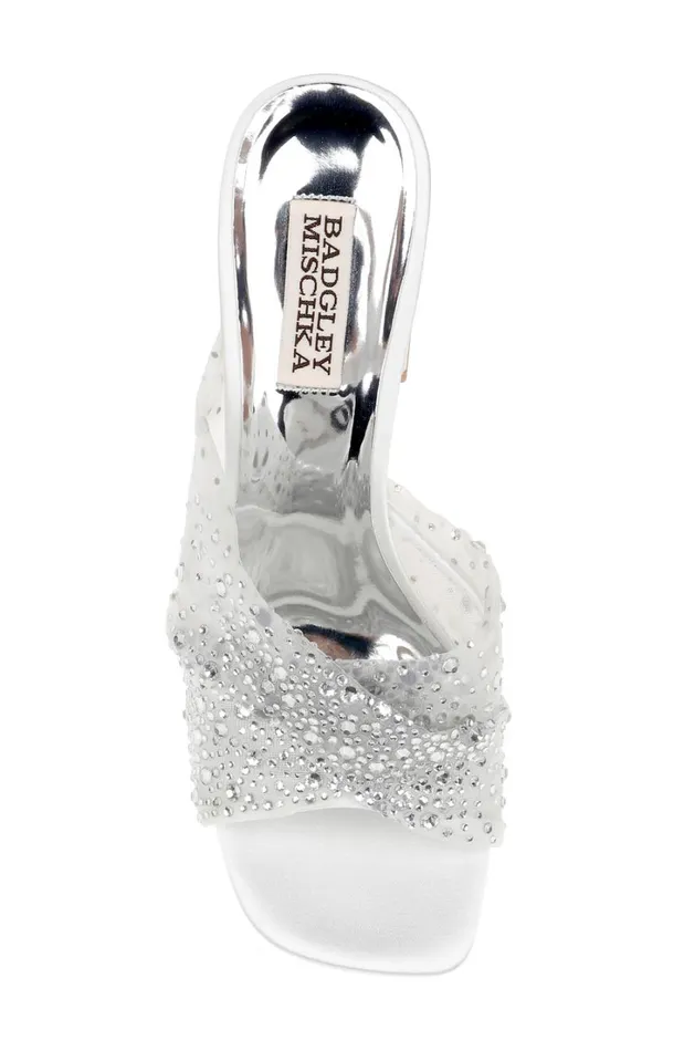 Women Block Heels Badgley Mischka Camelia CrystalEmbellished PeepToe Mules With Block Heel Nude