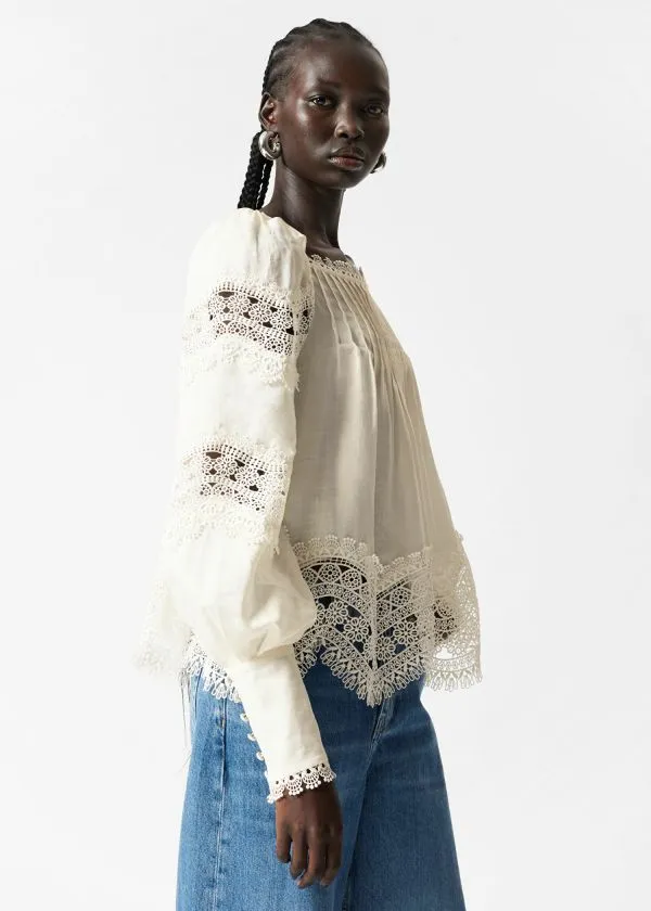 Women Blouses and Shirts and Other Stories LaceTrimmed Blouse White
