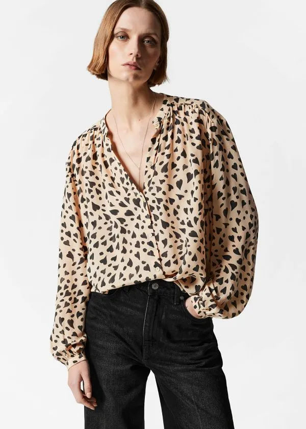 Women Blouses and Shirts and Other Stories Relaxed Silk Blouse Beige Heart Pattern