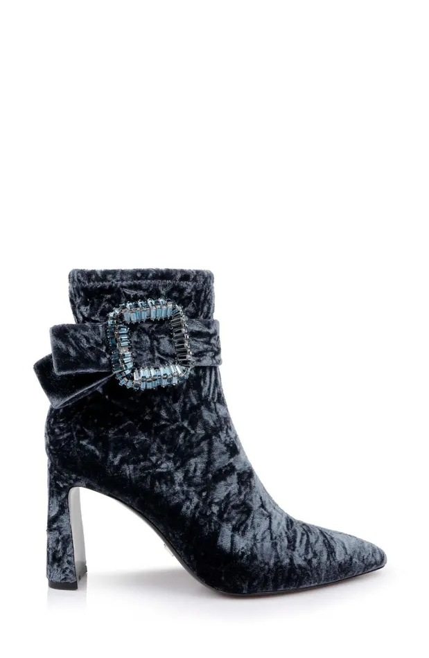 Women Booties and Boots Badgley Mischka Adrian Velvet Block Heel Booties Anthracite Fabric