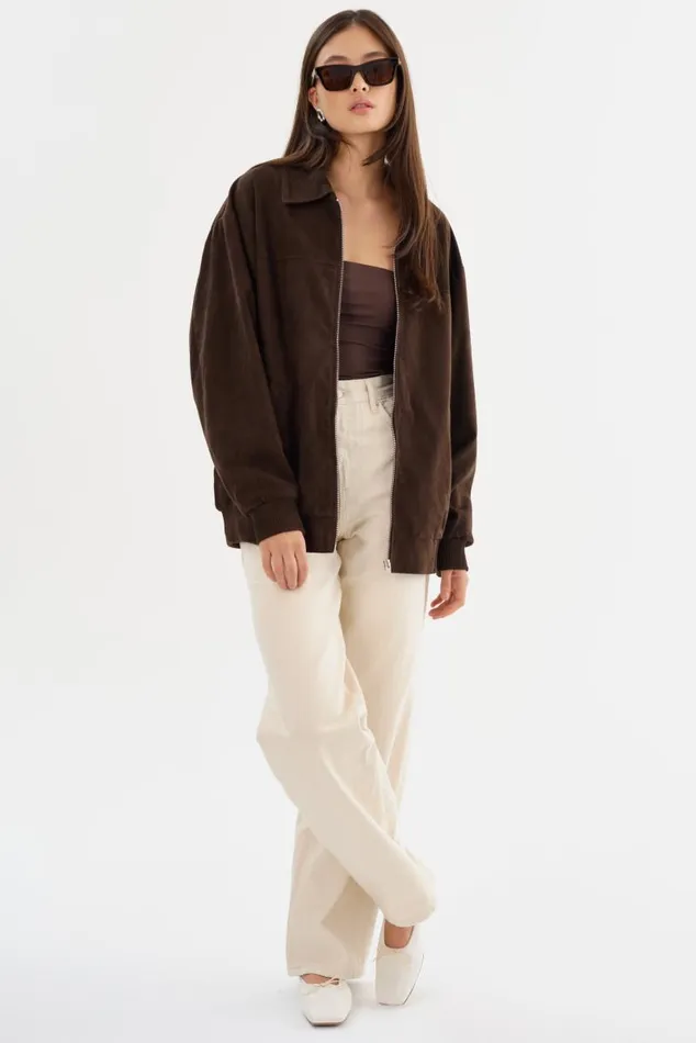 Women CADEN Oversized Suede Bomber Jacket Chocolate LAMARQUE Bombers Women CADEN Oversized Suede Bomber Jacket Chocolate LAMARQUE Bombers