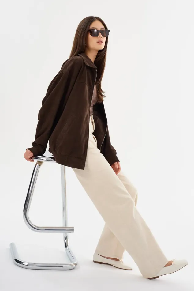 Women CADEN Oversized Suede Bomber Jacket Chocolate LAMARQUE Bombers Women CADEN Oversized Suede Bomber Jacket Chocolate LAMARQUE Bombers