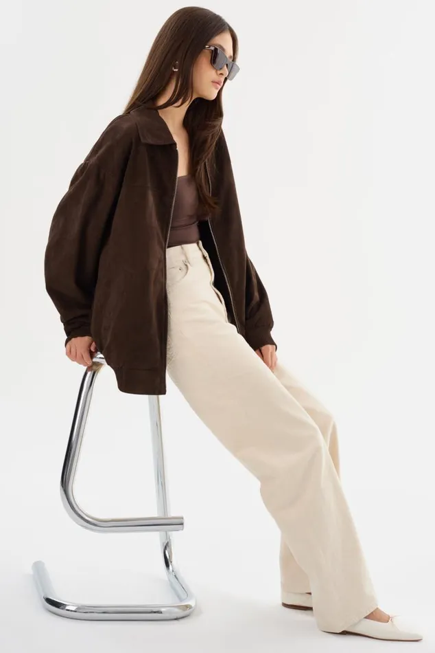 Women CADEN Oversized Suede Bomber Jacket Chocolate LAMARQUE Bombers Women CADEN Oversized Suede Bomber Jacket Chocolate LAMARQUE Bombers