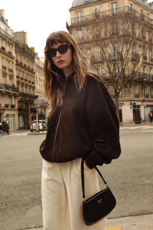 Women CADEN Oversized Suede Bomber Jacket Chocolate LAMARQUE Bombers Women CADEN Oversized Suede Bomber Jacket Chocolate LAMARQUE Bombers