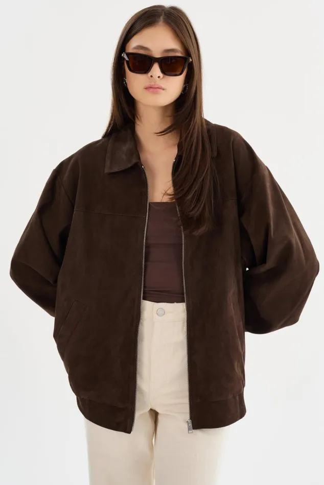 Women CADEN Oversized Suede Bomber Jacket Chocolate LAMARQUE Bombers Women CADEN Oversized Suede Bomber Jacket Chocolate LAMARQUE Bombers