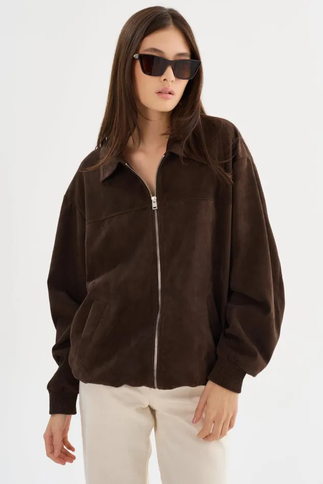 Women CADEN Oversized Suede Bomber Jacket Chocolate LAMARQUE Bombers Women CADEN Oversized Suede Bomber Jacket Chocolate LAMARQUE Bombers