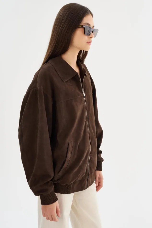 Women CADEN Oversized Suede Bomber Jacket Chocolate LAMARQUE Bombers Women CADEN Oversized Suede Bomber Jacket Chocolate LAMARQUE Bombers
