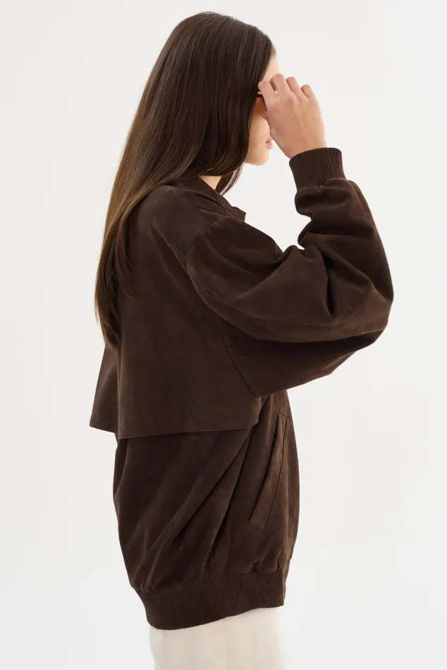 Women CADEN Oversized Suede Bomber Jacket Chocolate LAMARQUE Bombers Women CADEN Oversized Suede Bomber Jacket Chocolate LAMARQUE Bombers