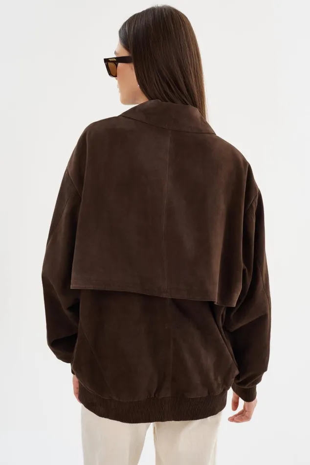 Women CADEN Oversized Suede Bomber Jacket Chocolate LAMARQUE Bombers Women CADEN Oversized Suede Bomber Jacket Chocolate LAMARQUE Bombers