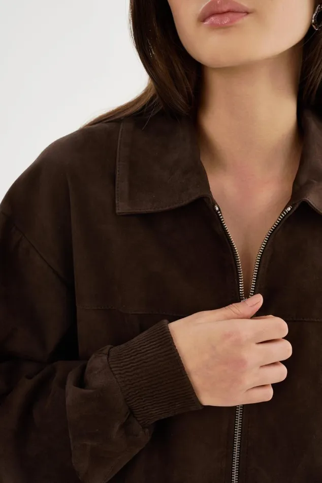 Women CADEN Oversized Suede Bomber Jacket Chocolate LAMARQUE Bombers Women CADEN Oversized Suede Bomber Jacket Chocolate LAMARQUE Bombers