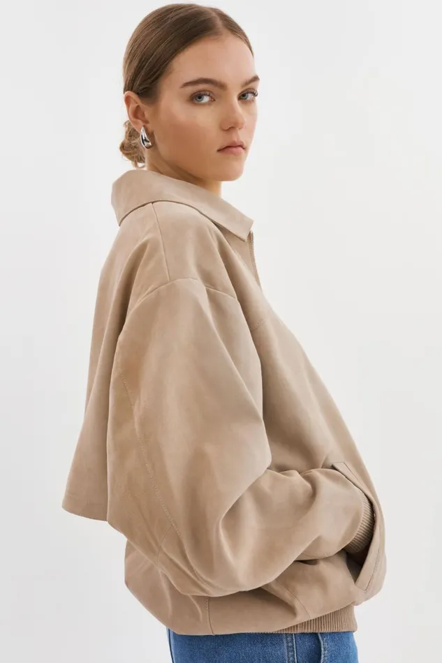 Women CADEN Oversized Suede Bomber Jacket Sand LAMARQUE Leather Jackets Women CADEN Oversized Suede Bomber Jacket Sand LAMARQUE Leather Jackets