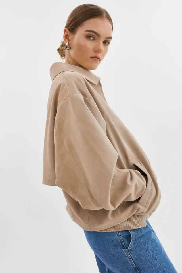Women CADEN Oversized Suede Bomber Jacket Sand LAMARQUE Leather Jackets Women CADEN Oversized Suede Bomber Jacket Sand LAMARQUE Leather Jackets
