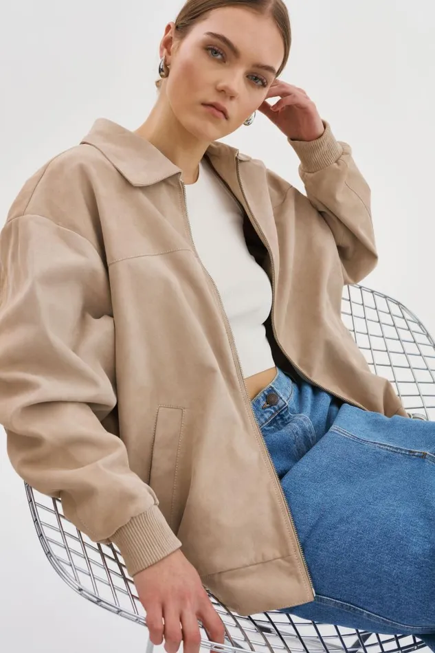 Women CADEN Oversized Suede Bomber Jacket Sand LAMARQUE Leather Jackets Women CADEN Oversized Suede Bomber Jacket Sand LAMARQUE Leather Jackets