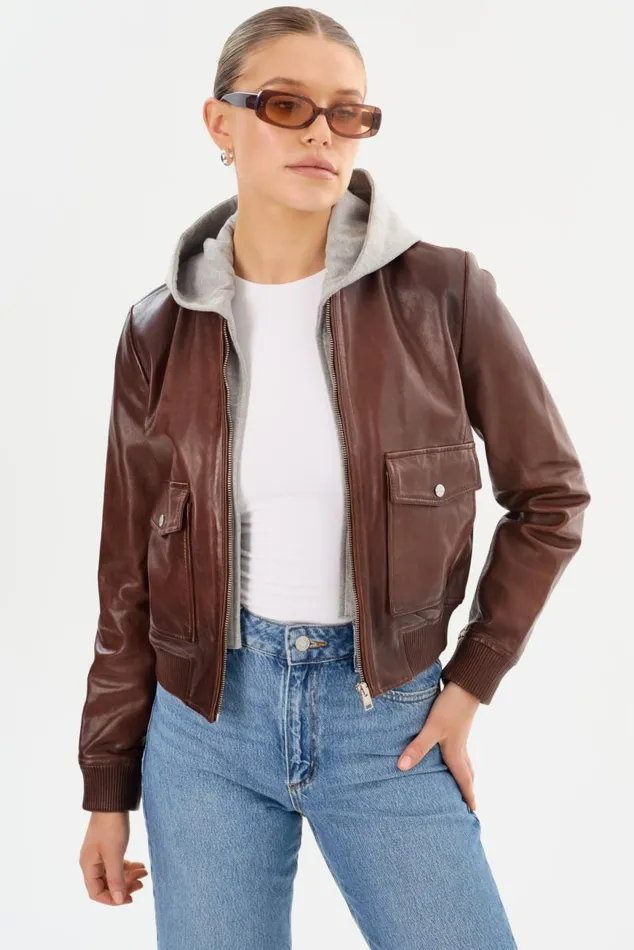 Women CANDACE Leather Bomber Jacket Chocolate Brownheather Grey LAMARQUE Leather Jackets Women CANDACE Leather Bomber Jacket Chocolate Brownheather Grey LAMARQUE Leather Jackets