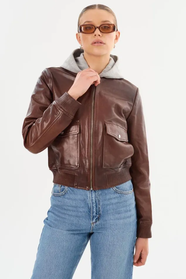 Women CANDACE Leather Bomber Jacket Chocolate Brownheather Grey LAMARQUE Leather Jackets
