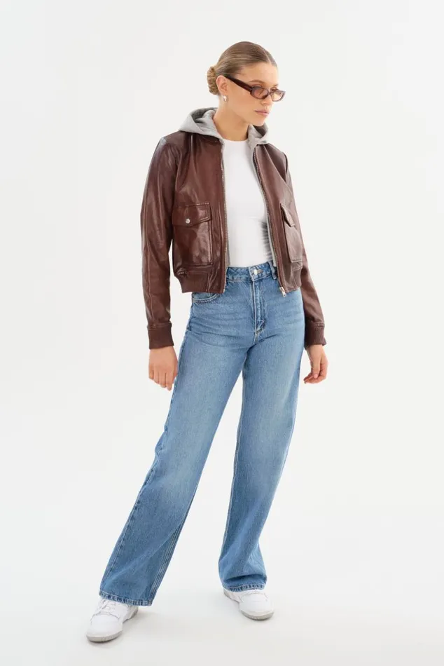 Women CANDACE Leather Bomber Jacket Chocolate Brownheather Grey LAMARQUE Leather Jackets