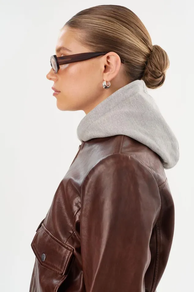 Women CANDACE Leather Bomber Jacket Chocolate Brownheather Grey LAMARQUE Leather Jackets