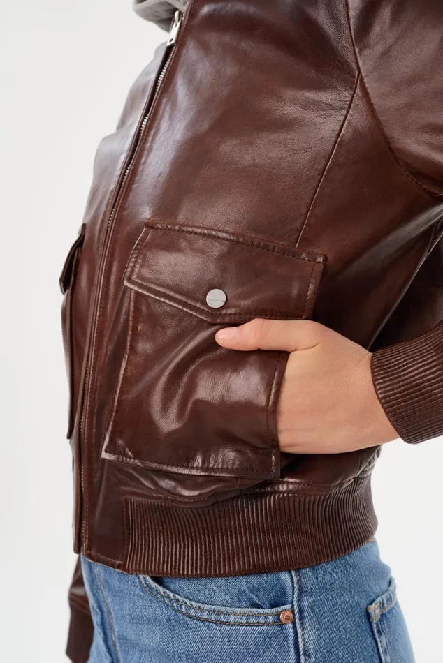 Women CANDACE Leather Bomber Jacket Chocolate Brownheather Grey LAMARQUE Leather Jackets